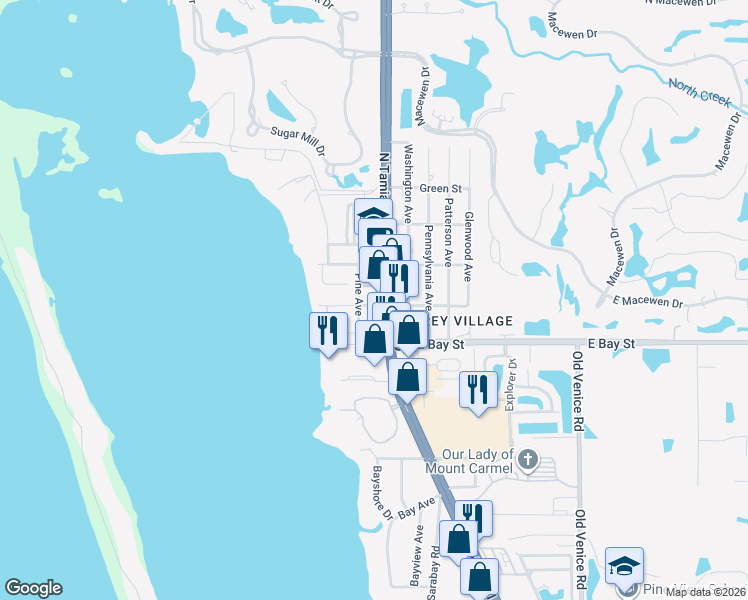 map of restaurants, bars, coffee shops, grocery stores, and more near 18 Main Street in Osprey