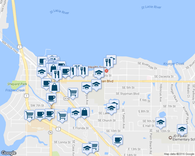 map of restaurants, bars, coffee shops, grocery stores, and more near 448 Southeast Osceola Street in Stuart