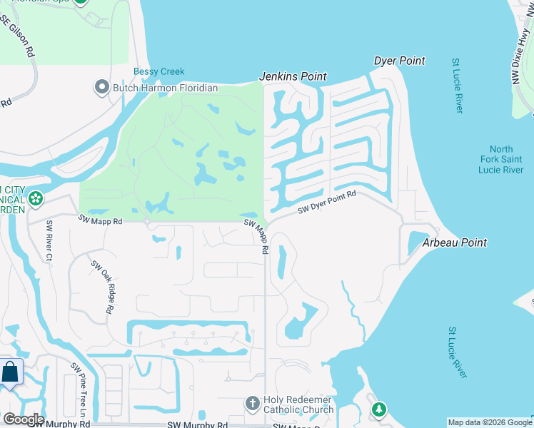 map of restaurants, bars, coffee shops, grocery stores, and more near 577 Southwest Riverway Boulevard in Palm City