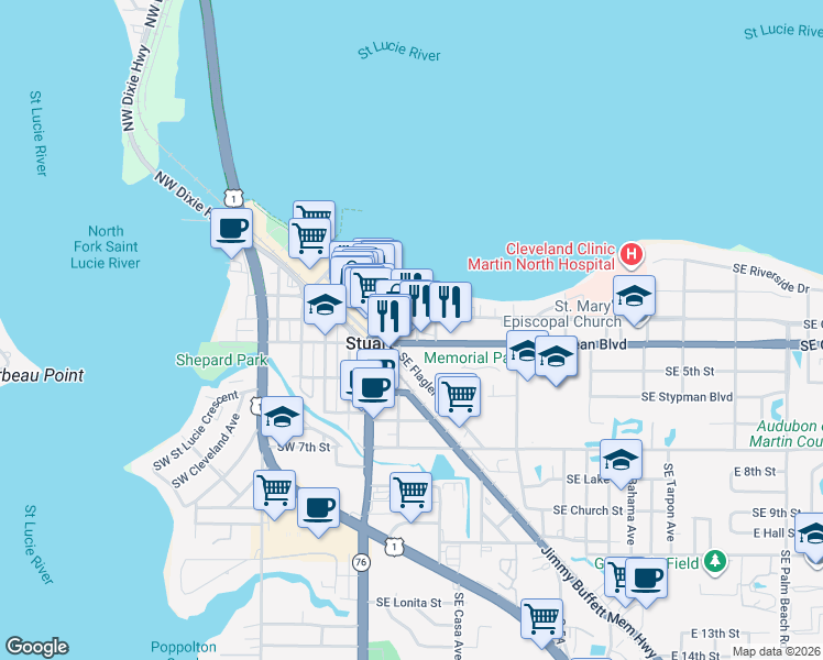 map of restaurants, bars, coffee shops, grocery stores, and more near 34 Southeast Osceola Street in Stuart