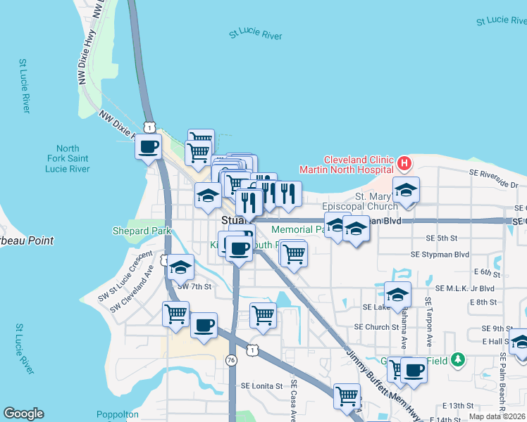 map of restaurants, bars, coffee shops, grocery stores, and more near 34 Southeast Osceola Street in Stuart