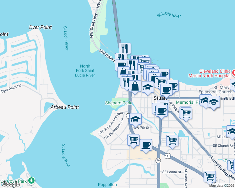 map of restaurants, bars, coffee shops, grocery stores, and more near 346 Southwest Atlanta Avenue in Stuart
