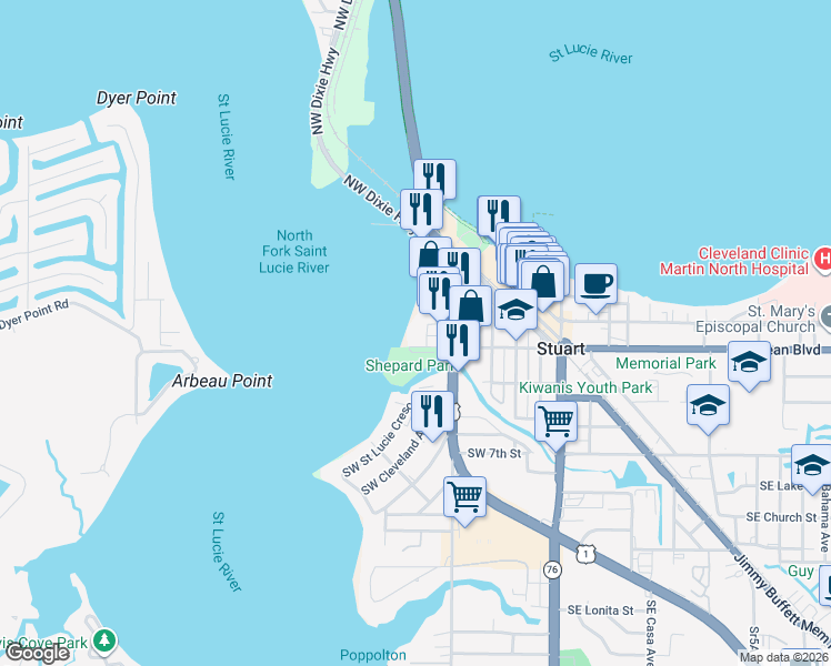 map of restaurants, bars, coffee shops, grocery stores, and more near 346 Southwest Atlanta Avenue in Stuart