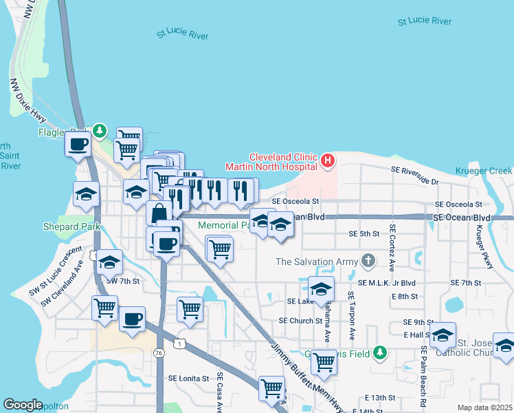 map of restaurants, bars, coffee shops, grocery stores, and more near 400 Southeast Osceola Street in Stuart