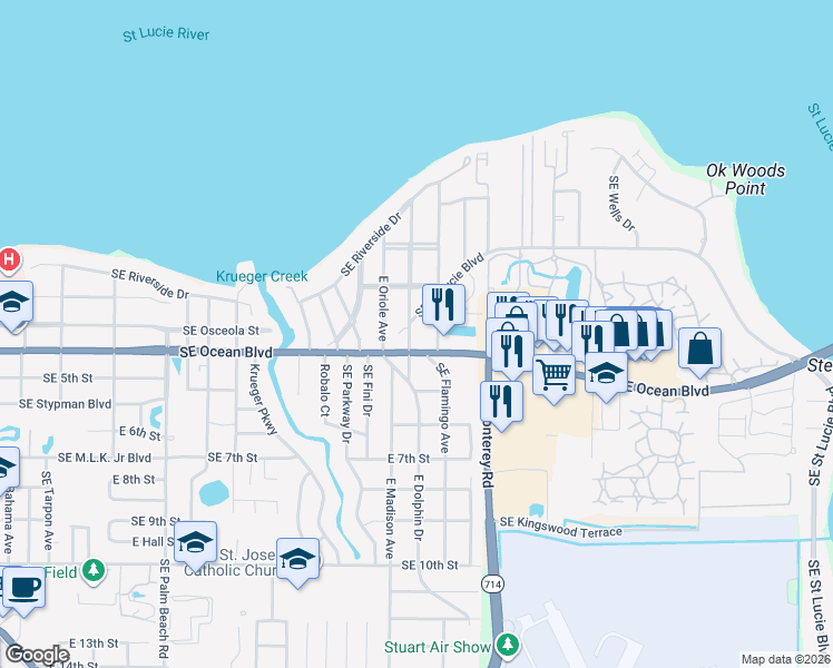 map of restaurants, bars, coffee shops, grocery stores, and more near in Stuart