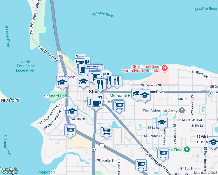 map of restaurants, bars, coffee shops, grocery stores, and more near 34 Southeast Osceola Street in Stuart