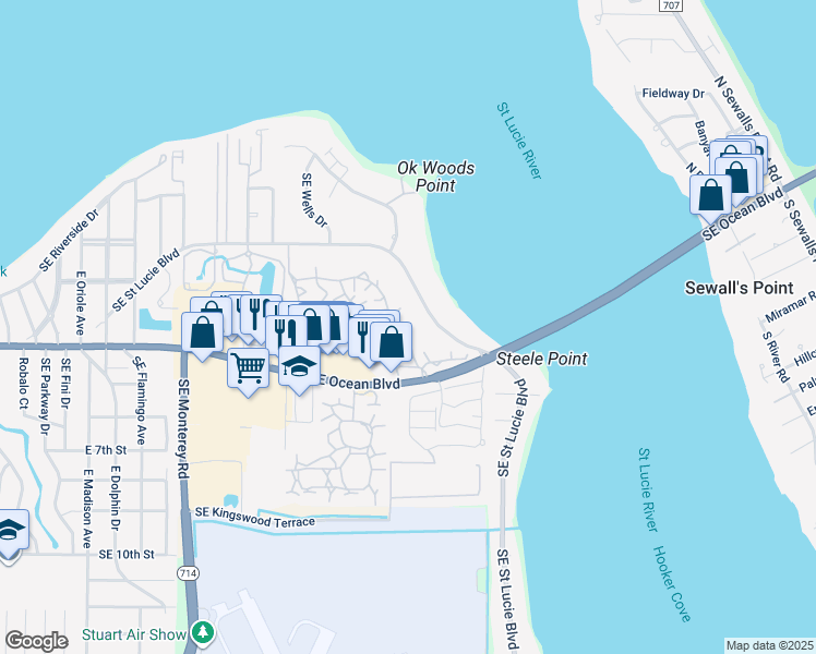 map of restaurants, bars, coffee shops, grocery stores, and more near 540 Southeast Saint Lucie Boulevard in Stuart