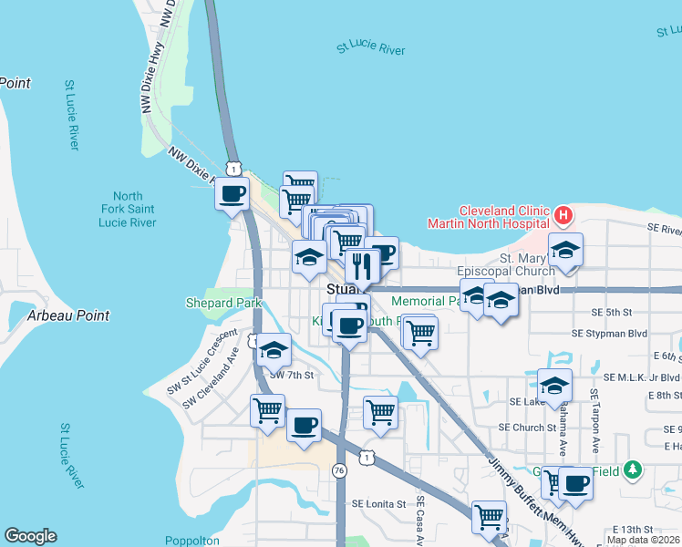 map of restaurants, bars, coffee shops, grocery stores, and more near 1 Southwest Flagler Avenue in Stuart