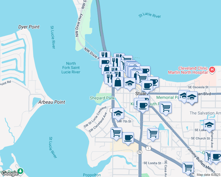 map of restaurants, bars, coffee shops, grocery stores, and more near 300 Southwest Federal Highway in Stuart