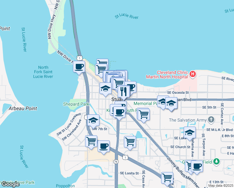 map of restaurants, bars, coffee shops, grocery stores, and more near in Stuart