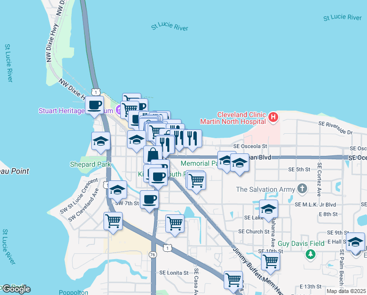 map of restaurants, bars, coffee shops, grocery stores, and more near 306 Southeast Detroit Avenue in Stuart