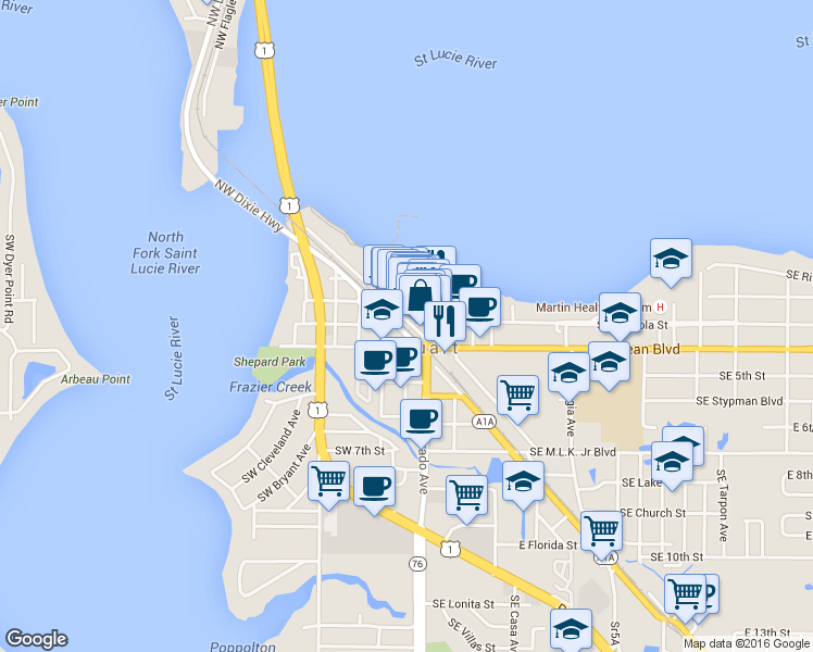 map of restaurants, bars, coffee shops, grocery stores, and more near 44 Southeast Sedona Circle in Stuart
