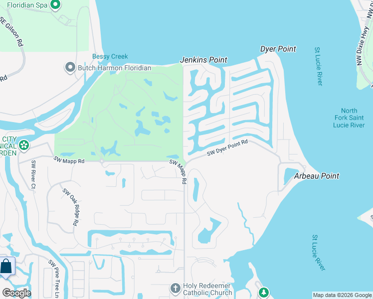map of restaurants, bars, coffee shops, grocery stores, and more near 577 Southwest Riverway Boulevard in Palm City