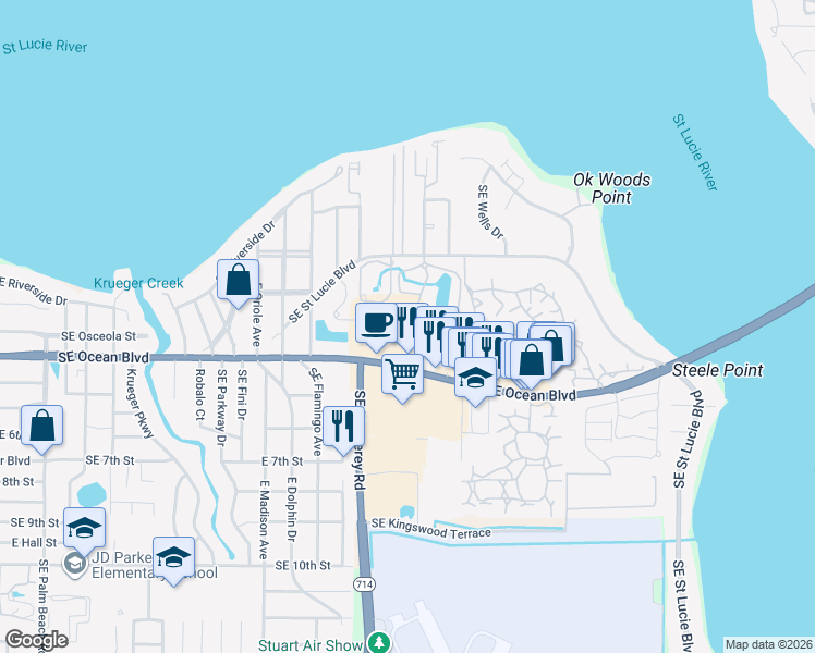 map of restaurants, bars, coffee shops, grocery stores, and more near 272 Southeast Saint Lucie Boulevard in Stuart