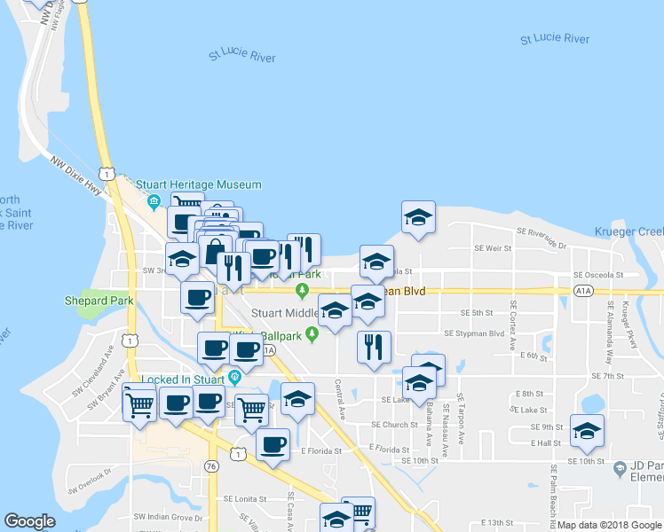 map of restaurants, bars, coffee shops, grocery stores, and more near 401 Southeast Osceola Street in Stuart