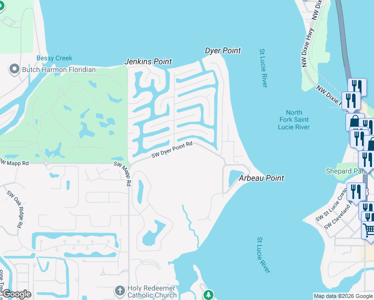 map of restaurants, bars, coffee shops, grocery stores, and more near 1640 Southwest Dyer Point Road in Palm City