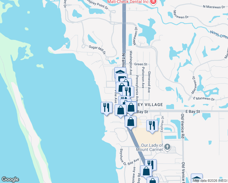 map of restaurants, bars, coffee shops, grocery stores, and more near 18 Main Street in Osprey