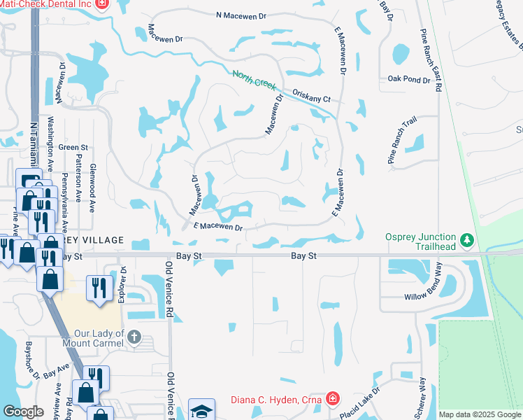 map of restaurants, bars, coffee shops, grocery stores, and more near 420 East Macewen Drive in Osprey