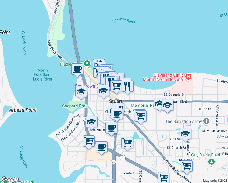 map of restaurants, bars, coffee shops, grocery stores, and more near 37 Southwest Osceola Street in Stuart