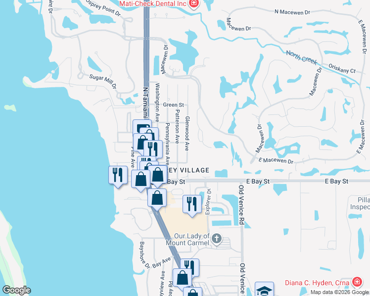 map of restaurants, bars, coffee shops, grocery stores, and more near 151 Glenwood Avenue in Osprey