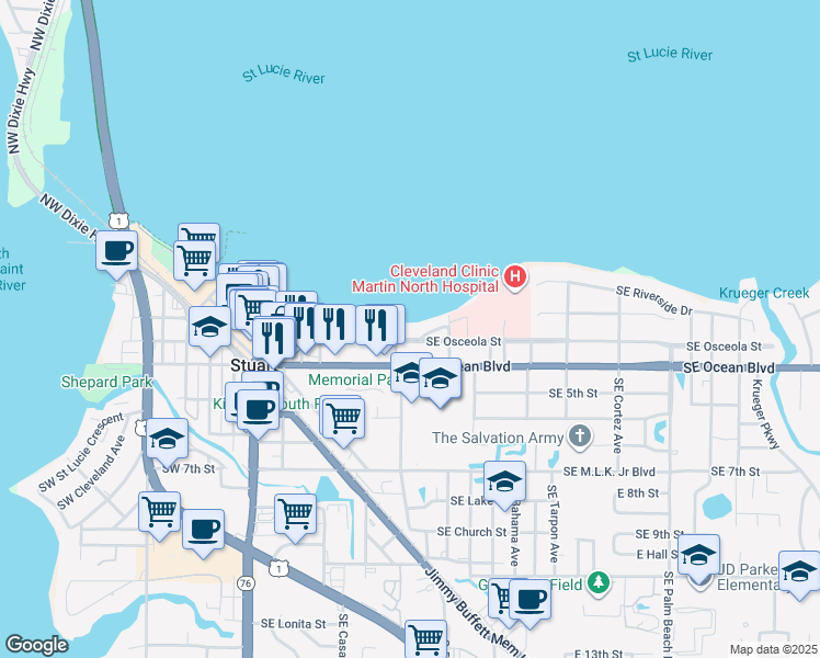 map of restaurants, bars, coffee shops, grocery stores, and more near 401 Southeast Osceola Street in Stuart