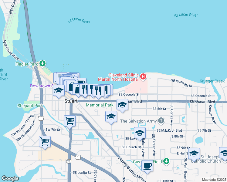 map of restaurants, bars, coffee shops, grocery stores, and more near 401 Southeast Osceola Street in Stuart