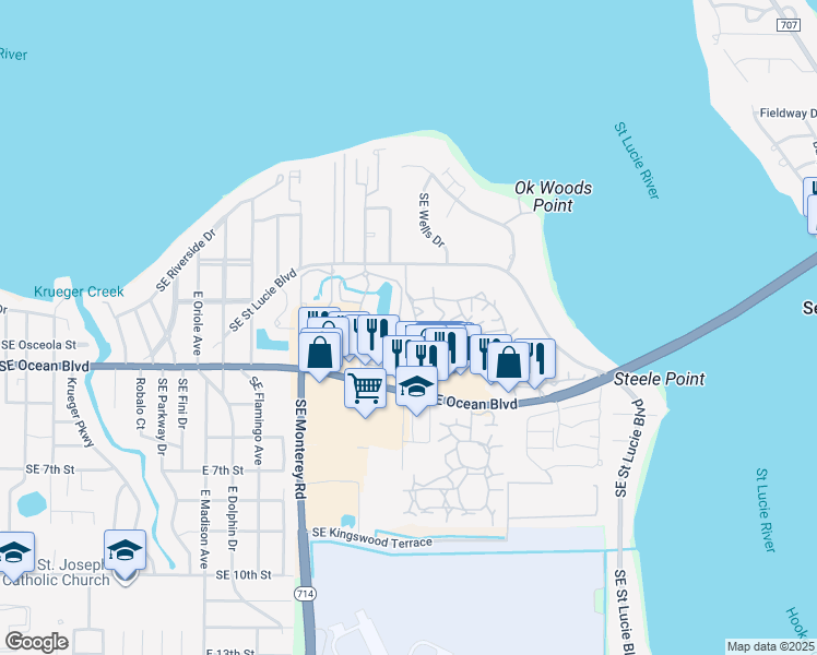 map of restaurants, bars, coffee shops, grocery stores, and more near Southeast Four Winds Drive in Stuart