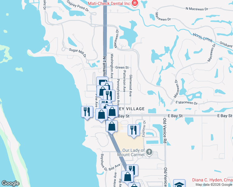 map of restaurants, bars, coffee shops, grocery stores, and more near 205 Patterson Avenue in Osprey