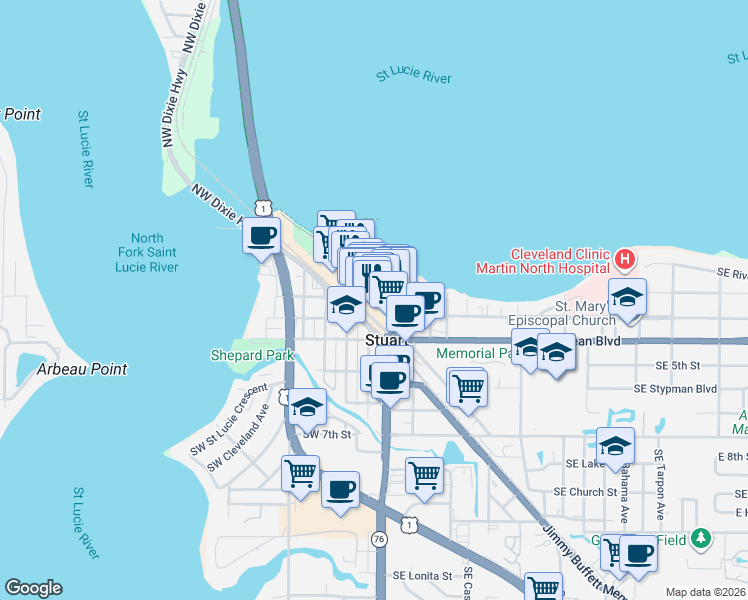 map of restaurants, bars, coffee shops, grocery stores, and more near 37 Southwest Osceola Street in Stuart