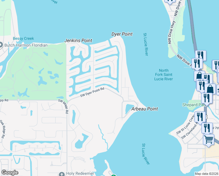 map of restaurants, bars, coffee shops, grocery stores, and more near 1324 Southwest Seagull Way in Palm City