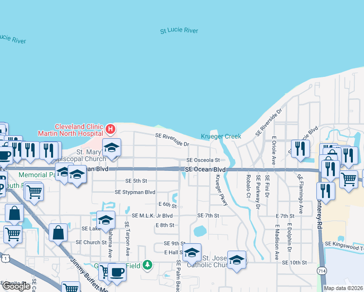 map of restaurants, bars, coffee shops, grocery stores, and more near 1003 Southeast Riverside Drive in Stuart
