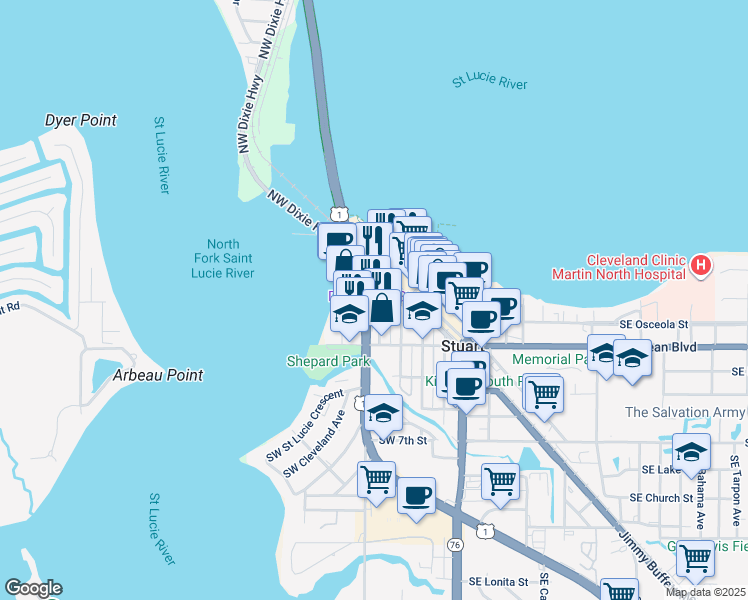 map of restaurants, bars, coffee shops, grocery stores, and more near 201 Southwest Joan Jefferson Way in Stuart