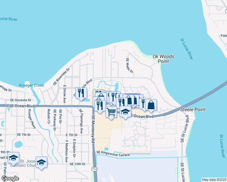 map of restaurants, bars, coffee shops, grocery stores, and more near 300 Southeast Saint Lucie Boulevard in Stuart
