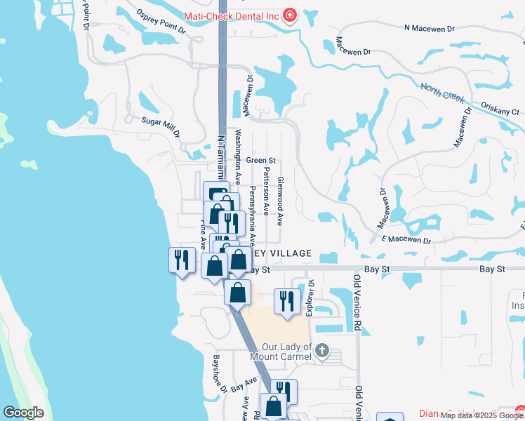 map of restaurants, bars, coffee shops, grocery stores, and more near 205 Patterson Avenue in Osprey