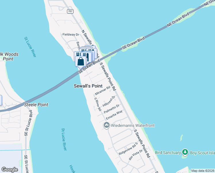 map of restaurants, bars, coffee shops, grocery stores, and more near 23 South Sewalls Point Road in Sewall's Point