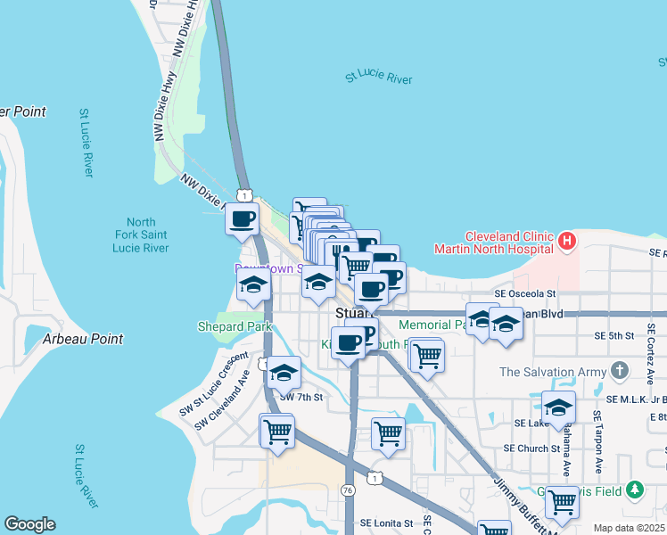 map of restaurants, bars, coffee shops, grocery stores, and more near 80 Southwest Osceola Street in Stuart