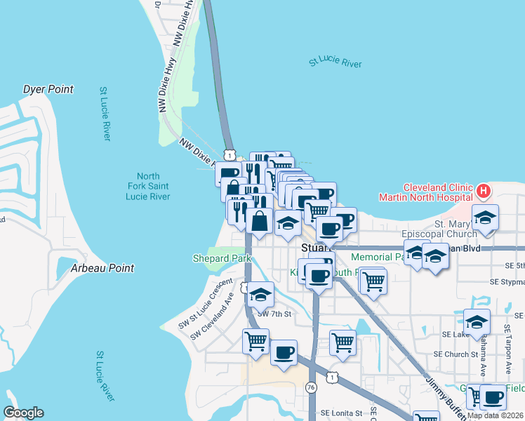 map of restaurants, bars, coffee shops, grocery stores, and more near 201 Southwest Joan Jefferson Way in Stuart