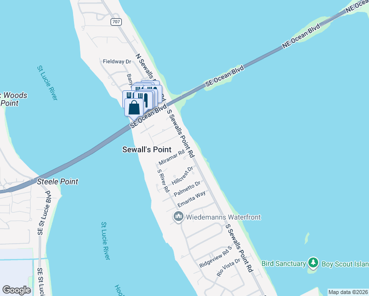 map of restaurants, bars, coffee shops, grocery stores, and more near 23 South Sewalls Point Road in Sewall's Point