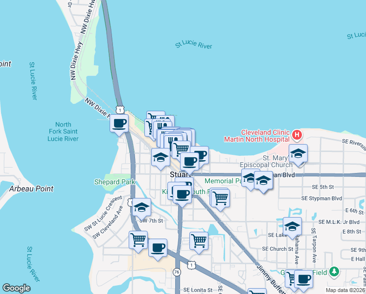 map of restaurants, bars, coffee shops, grocery stores, and more near 37 Southwest Osceola Street in Stuart