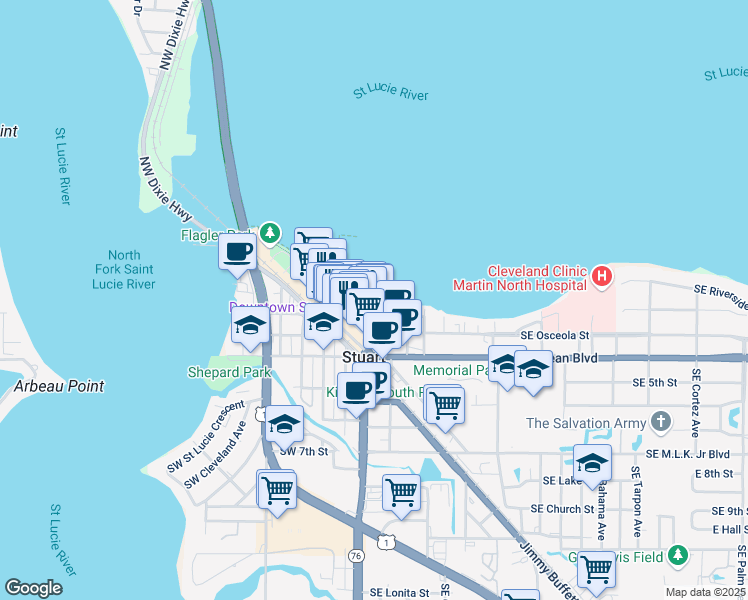 map of restaurants, bars, coffee shops, grocery stores, and more near 37 Southwest Osceola Street in Stuart