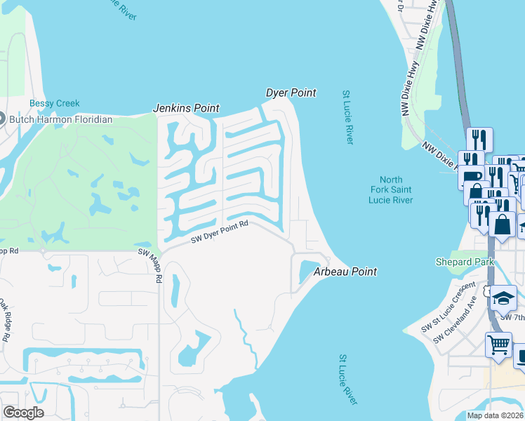 map of restaurants, bars, coffee shops, grocery stores, and more near 1324 Southwest Seagull Way in Palm City