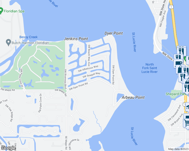 map of restaurants, bars, coffee shops, grocery stores, and more near 1434 Southwest Seagull Way in Palm City