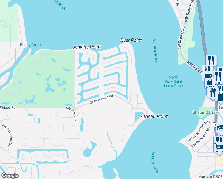 map of restaurants, bars, coffee shops, grocery stores, and more near 1434 Southwest Seagull Way in Palm City