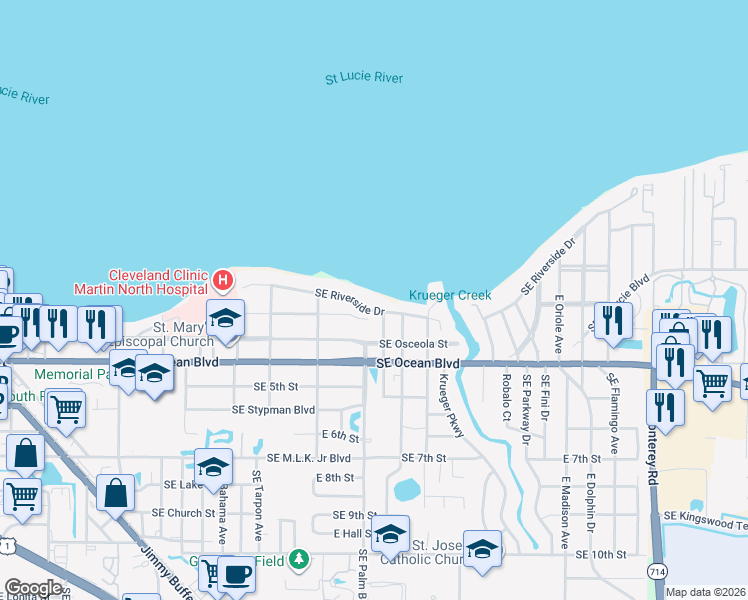 map of restaurants, bars, coffee shops, grocery stores, and more near 1003 Southeast Riverside Drive in Stuart