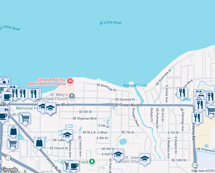 map of restaurants, bars, coffee shops, grocery stores, and more near 927 Southeast Riverside Drive in Stuart