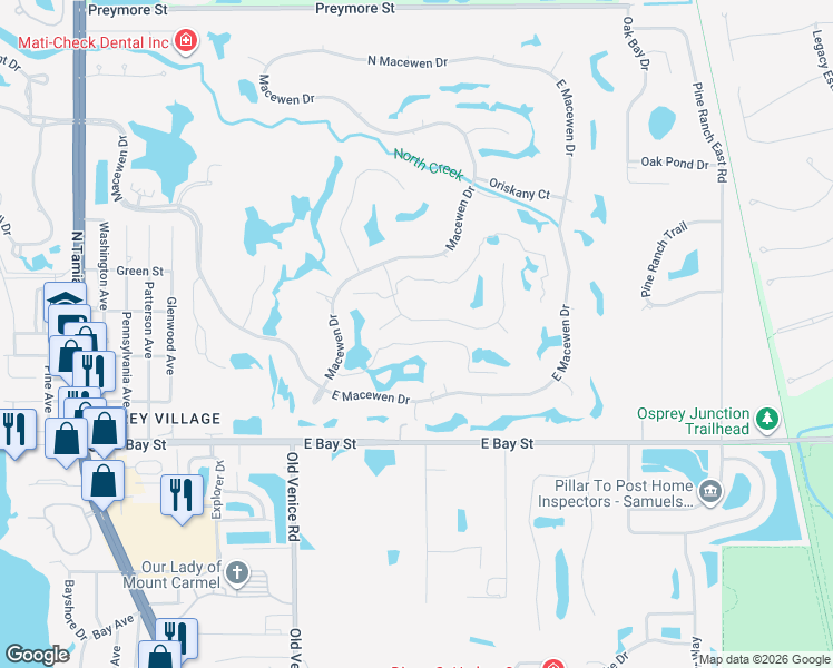 map of restaurants, bars, coffee shops, grocery stores, and more near 552 Eagle Watch Lane in Osprey