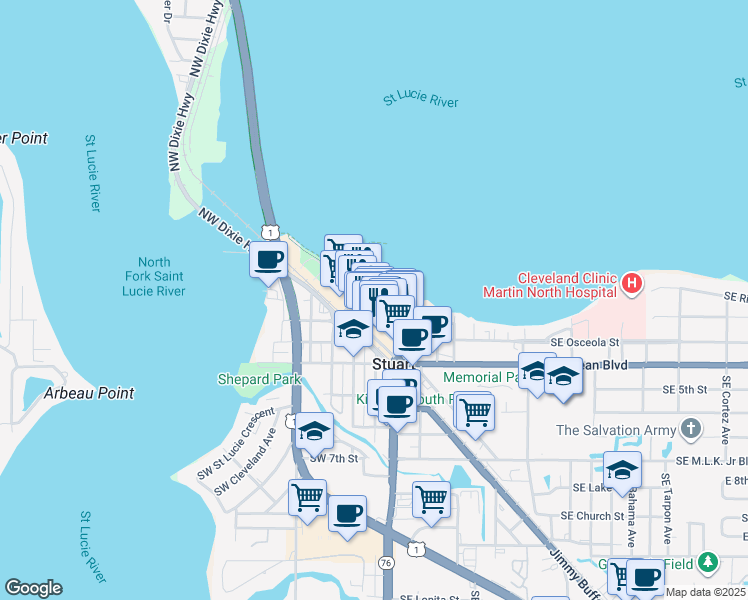 map of restaurants, bars, coffee shops, grocery stores, and more near 37 Southwest Osceola Street in Stuart