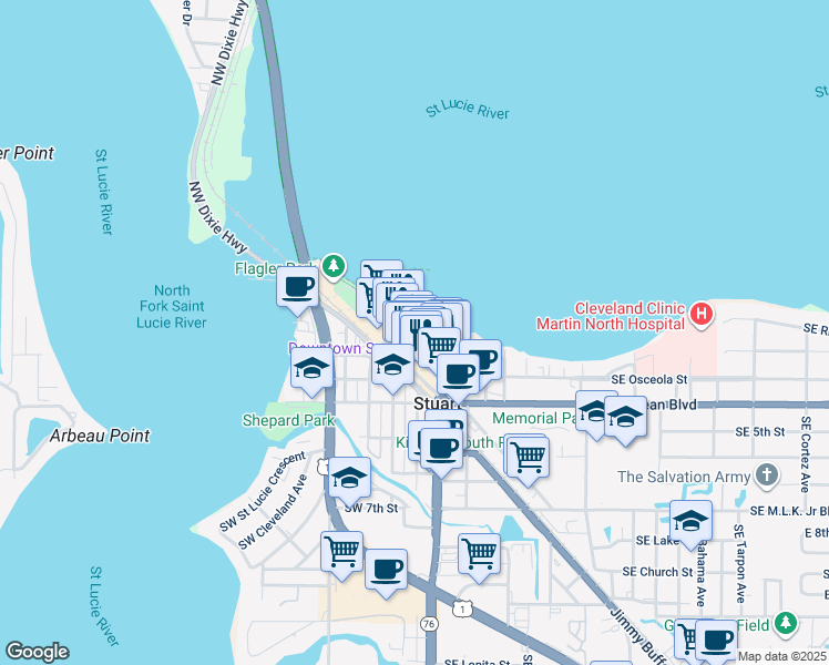 map of restaurants, bars, coffee shops, grocery stores, and more near 37 Southwest Osceola Street in Stuart