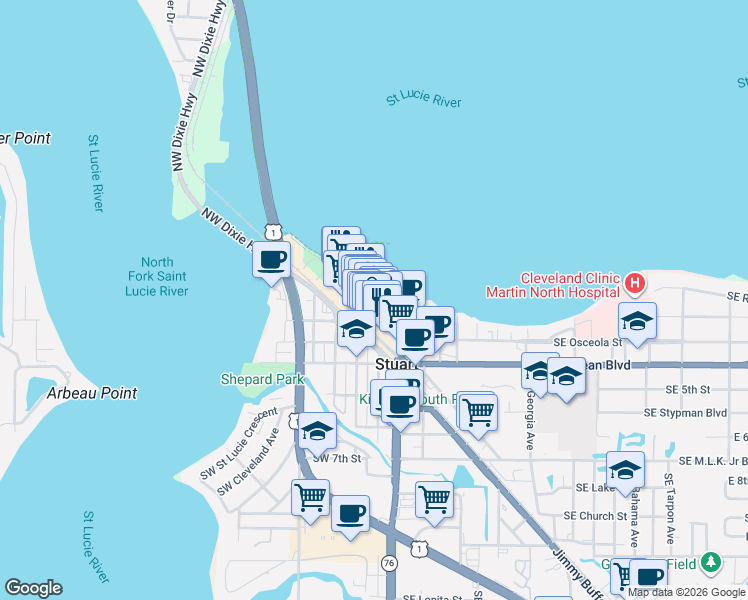 map of restaurants, bars, coffee shops, grocery stores, and more near 59 Southwest Flagler Avenue in Stuart