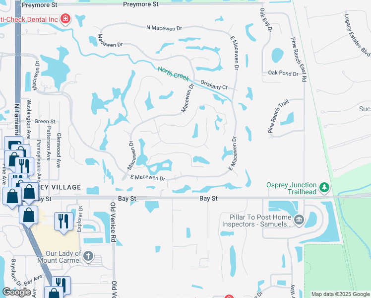 map of restaurants, bars, coffee shops, grocery stores, and more near 608 Eagle Watch Lane in Osprey
